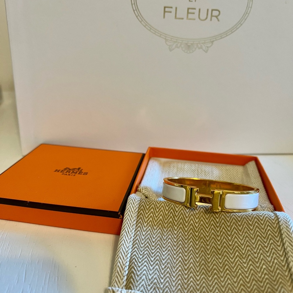 Hermes White Enamel Clic H Bracelet with Gold Hardware